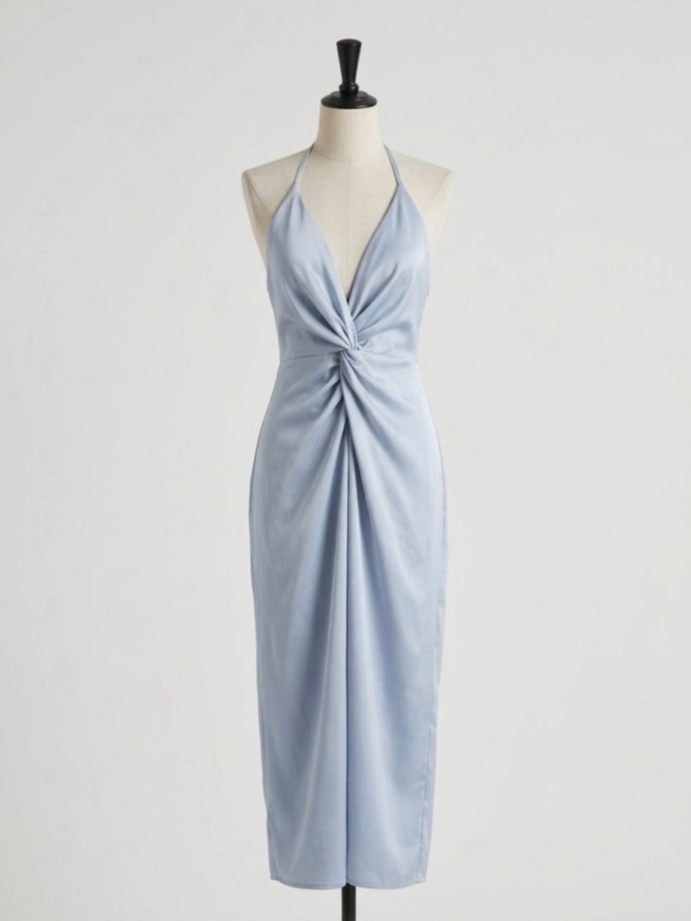Light Blue Satin Twist-Front Halter Dress